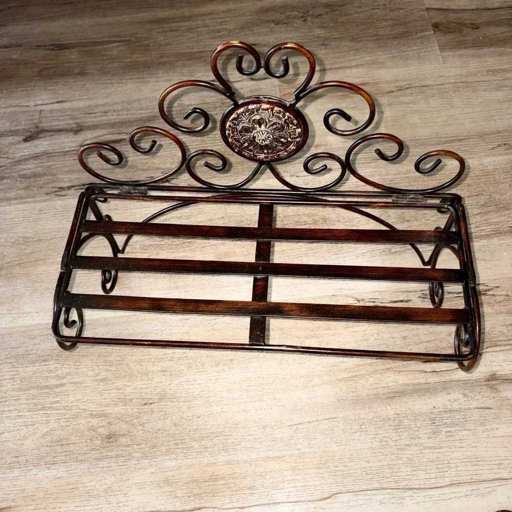 3pc Bronze Ornate Wrought Iron Bath Wall Decor Set Towel Bar Double Hook Shelf